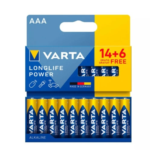 بطاريات فارتا Longlife Power AAA LR03، عبوة 20 بطارية، طاقة موثوقة وطويلة الأمد للأجهزة الإلكترونية واليومية، مع عمر تخزين يصل إلى 10 سنوات بطاريات فارتا Longlife Power AAA LR03، عبوة 20 بطارية، طاقة موثوقة وطويلة الأمد للأجهزة الإلكترونية واليومية، مع عمر تخزين يصل إلى 10 سنوات