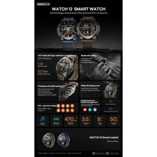 ساعة Czhiwo WATCH12 الذكية باللون الأزرق – تصميم أنيق للرجال والنساء، شاشة لمس HD، تتبع متقدم للصحة والنوم، أوضاع رياضية متعددة، تتبع اللياقة والنشاط، بطارية طويلة العمر ومقاومة للماء - تشيوو - Image 6