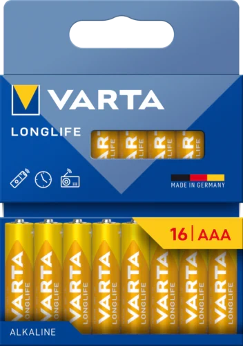بطاريات VARTA Longlife AAA، عبوة 16 قطعة، 1.5 فولت، عمر طويل وقابلة للتخزين حتى 10 سنوات، مثالية لأجهزة التحكم والساعات والراديو بطاريات VARTA Longlife AAA، عبوة 16 قطعة، 1.5 فولت، عمر طويل وقابلة للتخزين حتى 10 سنوات، مثالية لأجهزة التحكم والساعات والراديو