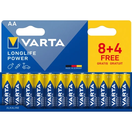 بطاريات VARTA Longlife Power AA، عبوة 12 قطعة (8+4)، 1.5 فولت، قلوية، طاقة قوية للأجهزة عالية الاستهلاك، صناعة ألمانية وتخزين حتى 10 سنوات بطاريات VARTA Longlife Power AA، عبوة 12 قطعة (8+4)، 1.5 فولت، قلوية، طاقة قوية للأجهزة عالية الاستهلاك، صناعة ألمانية وتخزين حتى 10 سنوات