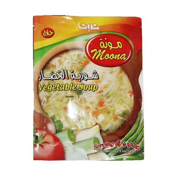 مونة شوربة الخضار 56 غرام، شوربة خفيفة ولذيذة بنكهة الخضار، سهلة وسريعة التحضير، مناسبة كوجبة دافئة أو طبق جانبي في أي وقت