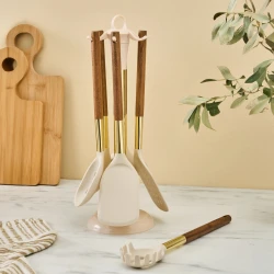 Karaca Harper 7 Piece Dinnerware Set with Stand, Beige, for 1 Person, Kitchen Tableware