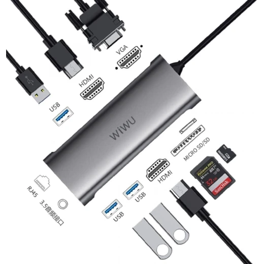محول WIWU Alpha 11 في 1 USB-C A11312H - 4K HDMI، USB 3.0، إيثرنت، قارئ بطاقات SD/TF - وي وُو - Image 2