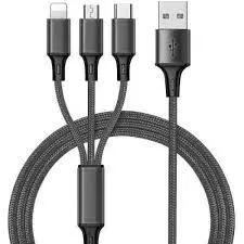 كابل شحن سريع USB 3 في 1، متعدد المنافذ، أسود، 1.2 متر كابل شحن سريع USB 3 في 1، متعدد المنافذ، أسود، 1.2 متر