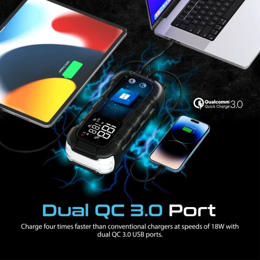 مشغل سيارة باور بانك بقوة 2000 أمبير 20000 مللي أمبير، منفذ USB-C بقدرة 45 واط، 2 منفذ QC 3.0، إضاءة LED، مشابك ذكية، شاشة LCD، لمركبات 12 فولت - باور بانك - Image 2