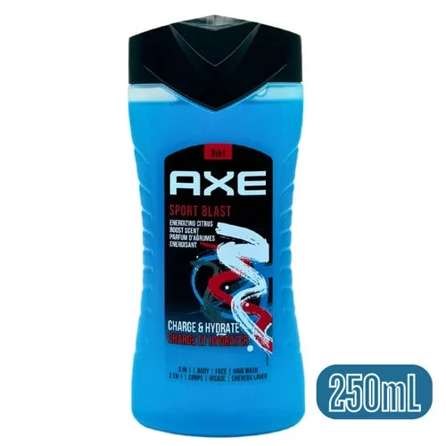 غسول الجسم والشعر والوجه 3 في 1 من اكس سبورت بلاست للرجال 250 مل تنظيف منعش شامل - AXE