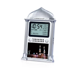 Al Harameen Electronic Digital Table Azan Clock Silver HA-4002S with World Times, Qibla Direction, and Daylight Saving Adjustment for Precise Prayer Times Across The Globe