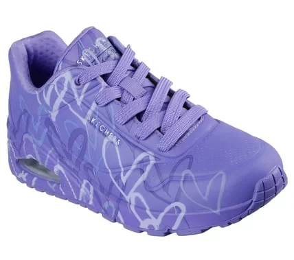 Skechers x JGoldcrown Women's Uno Spread the Love Purple Sneakers Featuring Heart Design Print, Air Cooled Memory Foam Insole, and Platform Wedge 40 - Skechers - Image 3