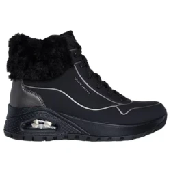 Skechers Women's Uno Rugged Fall Shimmer Sneaker Boot with Faux Fur Collar, Side Zip and Air-Cooled Memory Foam Insole in Black, Size 37.5