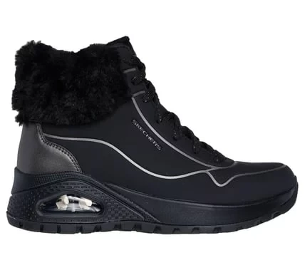 Skechers Women's Uno Rugged Fall Shimmer Sneaker Boot with Faux Fur Collar, Side Zip and Air-Cooled Memory Foam Insole in Black, Size 37.5 - Skechers - Image 2