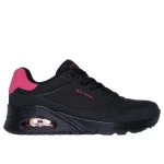Skechers Women's Uno Pop Back Black/Hot Pink Lace Up Sneaker With Air Cooled Memory Foam Insole For All Day Comfort. Durabuck Upper, Contrast Suede Trim. Size 40. - Skechers