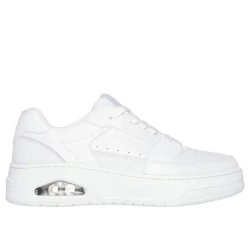 Skechers Women's Uno Courted Style White Leather Sneakers Size 37.5 Featuring Air-Cooled Memory Foam Insole and Skech-Air Airbag Midsole Contrast Piped Trim Lace Up Shoes