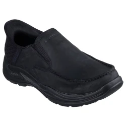 Skechers Men's Arch Fit Motley Milo Slip-ins Relaxed Fit Moc Toe Shoes Featuring Hands Free Design, Leather Upper, Air-Cooled Memory Foam Insole, and Black Color, Size 40