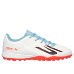 حذاء كرة القدم للأولاد من سكيتشرز SKX_2 Jr Youth TF: تصميم خفيف الوزن للملاعب الاصطناعية، يتميز بجزء علوي ناعم، تحكم معزز بالكرة، نعل خارجي سريع الاستجابة، مقاس 34/أبيض - سكيتشرز