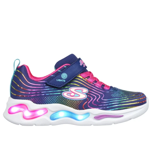 حذاء رياضي Skechers S Lights Wavy Beams للبنات: تصميم بلون كحلي مع شبكة علوية ولمسات قوس قزح لامعة، أربطة مطاطية، نعل داخلي مبطن، مقاس 34، مثالي للأطفال النشطين - سكيتشرز - Image 7