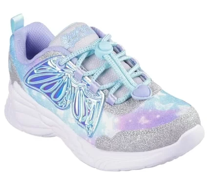 Skechers Girls' Dream Racer Wing Brites Light Up Sneakers Silver Size 31 Magical Collection Butterfly Theme Cushioned Insole Adaptive Closure Easy On Off Comfortable Running Shoes