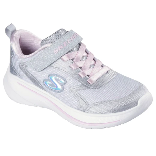 Skechers Girls' Wave 92 Light Gray Athletic Sneakers with Sparkle Mesh Upper, Stretch Laces, Adjustable Instep Strap, and Cushioned Comfort Insole, Size 34 - Skechers - Image 3