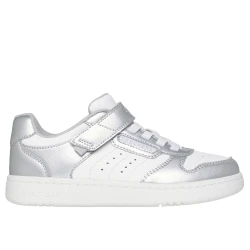 Skechers Girls' Quick Street Style Stride Low Top Sneakers Silver 27 with Comfortable Court Style Duraleather Upper and Stretch Laces