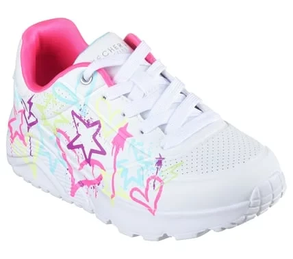حذاء رياضي Skechers Uno Lite My Drip للبنات بتصميم نجوم قطرات الطلاء، نعل داخلي من إسفنج ميموري فوم المبرد بالهواء، ونعل أوسط مبطن على شكل إسفين، أبيض متعدد الألوان، مقاس 37 - سكيتشرز - Image 3