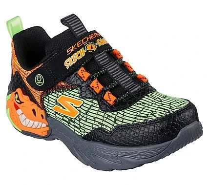 حذاء سكتشرز للأولاد ديناصور لايتس أسود مقاس 36 يتميز بتصميم تي ركس مضيء مع واجهة برباط مطاطي وحزام مشط قدم بحلقة وخطاف من أجل الراحة والمرح 400615L BKOR - سكيتشرز - Image 3