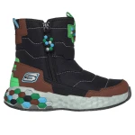 Skechers Boys' Mega-Craft 2.0 Cubobreeze Sneaker Boot Pixelated Block Design Water Repellent Upper Faux Fur Lining Cushioned Comfort Insole Side Zip Closure Size 33 Black - Skechers