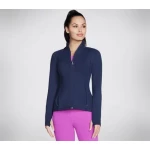 Skechers GO WALK Wear Jacket Women's Athletic Mock Neck Zip Front Long Sleeve 2 Pockets GO FLEX Moisture Wicking Fabric Thumbhole Detail Navy Blue M Size Activewear - Skechers