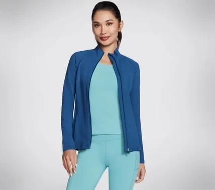 Skechers GO WALK Wear Jacket Women's Athletic Mock Neck Zip Front Long Sleeve 2 Pockets GO FLEX Fabric Navy S Small Comfort Style Thumbhole Detail Lightweight Activewear