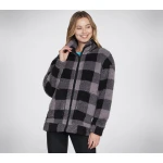 Skechers Women's Skech Sherpa Plaid Jacket Black Large Winter Coat Mock Neck Hand Pockets Stylish Warm 2024 Fashion - Skechers