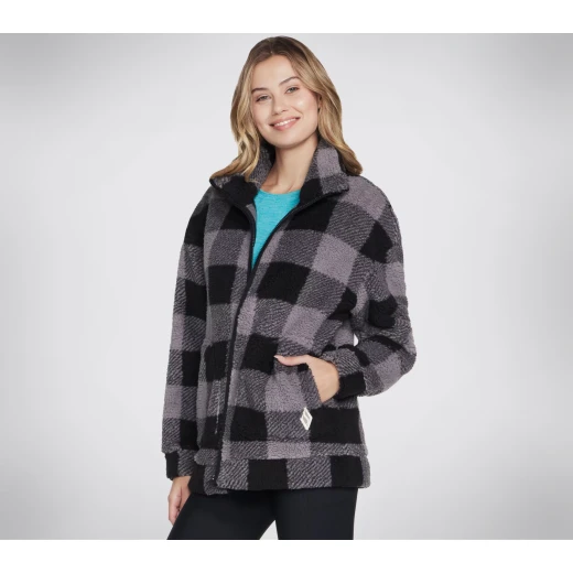 Skechers Women's Skech Sherpa Plaid Jacket Black Large Winter Coat Mock Neck Hand Pockets Stylish Warm 2024 Fashion - Skechers - Image 4