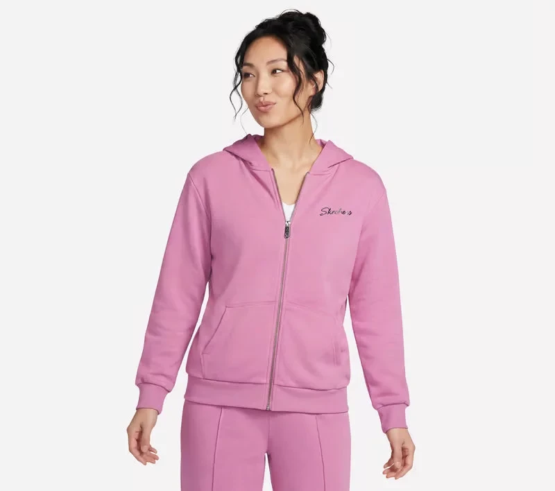 Skechers Women's SKECH SWEATS Signature Full Zip Hoodie XL Rose French Terry Fleece Sweatshirt 2 Panel Hood Ribbed Cuffs and Hem Kangaroo Pockets Comfortable Activewear - Skechers