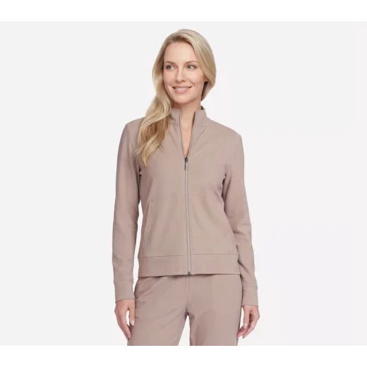 Skechers Women's GO Luxe Rib Everyday Full Zip Jacket, Brushed Back Comfort Stretch Fabric, Breathable Design, Taupe Color, Size Large, Activewear