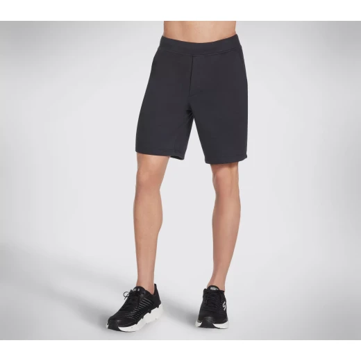 Skechers Explorer Men's Knit Shorts Black French Terry 9 Inch Drawstring Waist Faux Fly Stitch Front Pockets Back Patch Pocket Size S Athletic Comfort Fit
