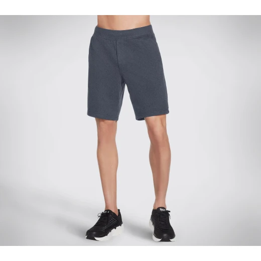 Skechers Men's Explorer 9 Inch Knit Shorts Navy Athletic Drawstring Waist French Terry Fabric Front Pockets Back Patch Pocket M Size Comfortable Casual Wear