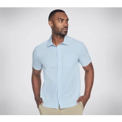 Skechers GO WALK Air Men's Short Sleeve Shirt Light Blue featuring SKECHWEAVE Air Fabric with Chest Pocket and Classic Collar Size S