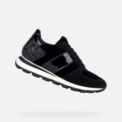 Geox Spherica VSERIES Women's Sneakers Black Velvet Suede Glitter Detail Comfortable Breathable Ultra Cushioning Retro Running Shoe Design Size 37 Active Chic Style