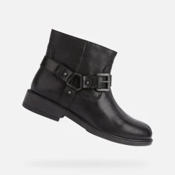Geox Catria Woman's Ankle Boots Black Leather Biker Style Buckle Strap 36: Comfortable and Breathable Bootie with a Rock Feel, Perfect for Urban Cool Outfits, D26LQG.0TC43.C9999