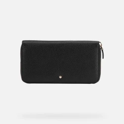 Geox Women's Black Leather Wallet, Zip Closure, Multiple Card Slots