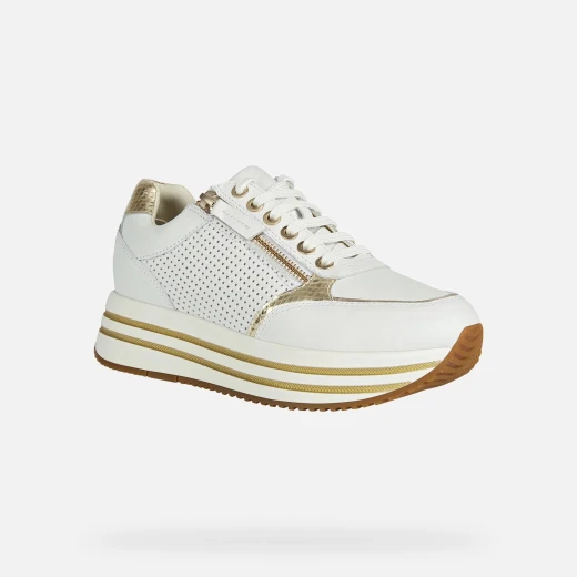 Geox Kency Woman White Sneakers with Chunky Sole in Soft Nappa & Metallic Leather, Side Zip Closure, Size 40, Breathable Design for Women - Geox - Image 3