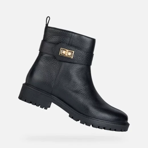 Geox Hoara Woman Ankle Boots Black Tumbled Leather Breathable Comfort 37 with Decorative Strap and Metal Clasp Urban Biker Style Chic Design Fast Delivery and Easy Exchange - Geox - Image 2