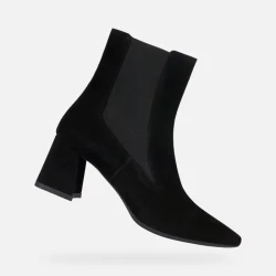 Geox Giselda Woman Black Suede Ankle Boots Comfortable Mid Height Heel Breathable Lightweight Design Featuring Elasticated Side Panel Stylish for Everyday Wear Sizes Available: 36