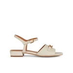 Geox New Eraklia 15 Woman's Flat Sandal in Light Sand, Featuring a Tumbled Leather Upper and Chic Metal Detail. Comfortable and Breathable Design for All Day Wear. Size 36. - Geox