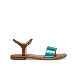 SOZY S Woman Azure Flat Sandal for Women Stylish Metallic Leather with Leather Detailing Comfortable Breathable Perfect for Everyday Outfits Size 39 Summer Casual Wear