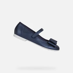 Geox Plie Girl's Ballet Flats Navy Pearlescent Leather 35, Breathable and Comfortable Shoes for Girls, Featuring Strap and Large Bow Embellishment, Perfect for Special Occasions