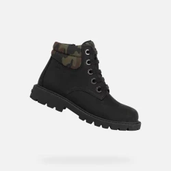 Geox Shaylax Boy Junior Ankle Boots Black Leather and Camouflage Design with Lace Up Closure Breathable Lightweight Footwear Size 34 Ideal for School and Weekend Outfits