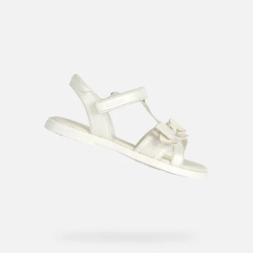 Geox Karly Girl T Bar Sandals White Pearlescent Leather Effect 30