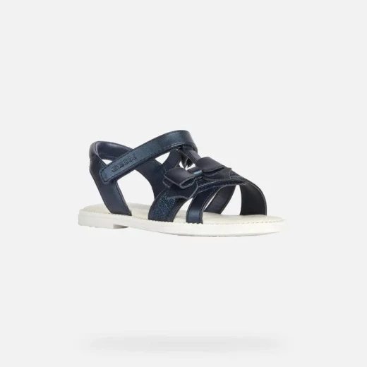 Geox Karly Girl's T Bar Sandals Navy Blue Pearlescent Leather Effect Upper with Bow Detail. Lightweight & Breathable Size 37 for Girls - Geox - Image 3