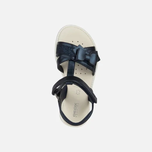 Geox Karly Girl's T Bar Sandals Navy Pearlescent Leather Effect 32 with Glitter Bow Detail Comfortable and Breathable Perfect for Casual and Special Occasions - Geox - Image 5