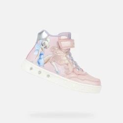 Geox Skylin Girl Mid Cut Sneakers Pink Lilac Tinkerbell Design Featuring Graphic Detailing & Embellishments Size 34 Breathable Flexible Fabric Pearlescent Material with Lights