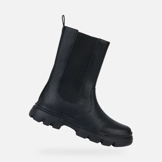 بوت كاحل بنمط راكب الدراجة النارية للبنات من جيوكس جونيت جيرل أسود مقاس 33 جلد أسود تأثير لوحة مرنة مريحة خفيفة الوزن نعل خارجي ضخم للمدرسة والارتداء اليومي
