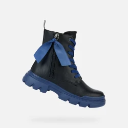 Geox Junette Girl Ankle Boots Black Lace Up Combat Style with Side Zip and Bow Detail 31 Size Ultra Lightweight and Chunky Outsole for Girls Fast Delivery Easy Exchange